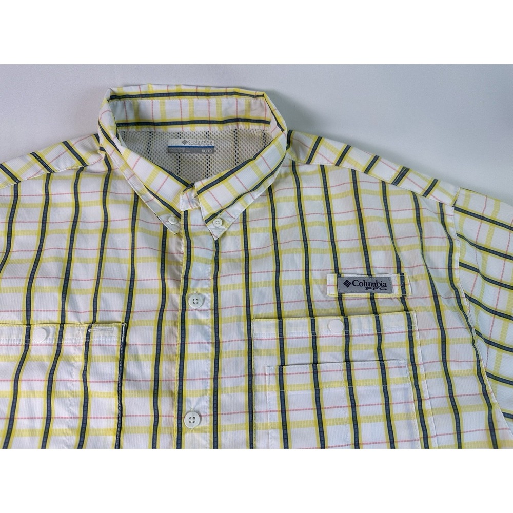 Columbia Mens PFG Fishing Shirt Short Sleeve Button Down Size XL Plaid Yellow‎
